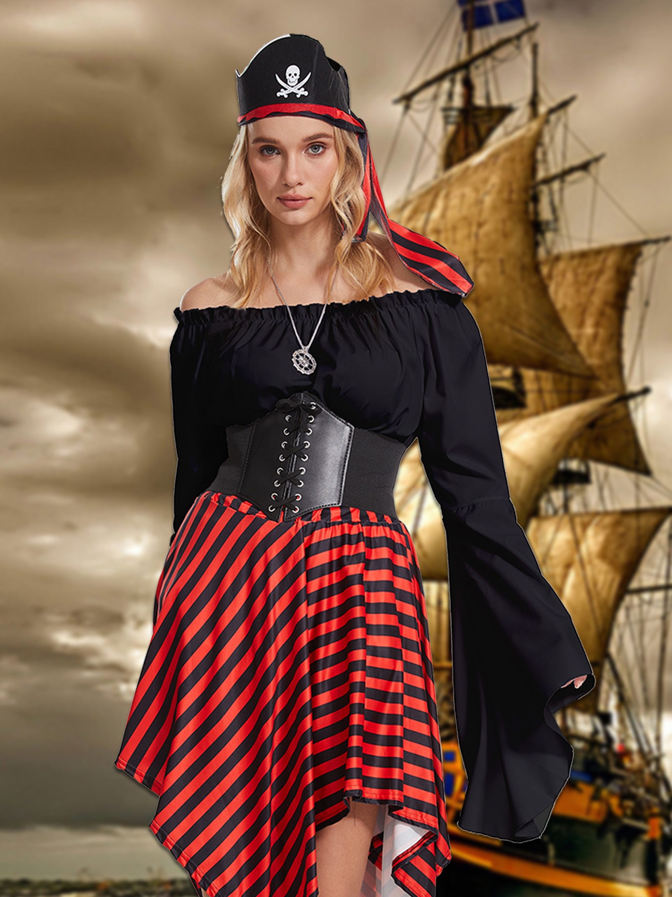 2pcs,Halloween Women's pirate costume Renaissance period shirt top with  waistband, suitable for Halloween carnival parties, image size:800x1067