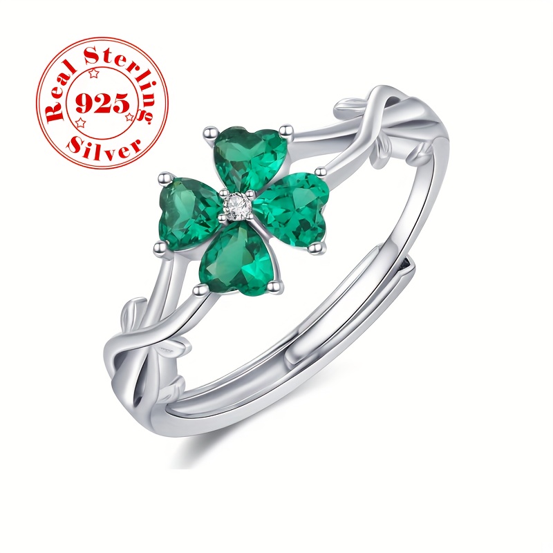 

S925 Sterling Silver Women's Trendy Statement Ring St. Patrick's Day Four-leaf Clover Opening Adjustable Ring Cubic Zirconia Decor Festival Jewelry Gift 2.05g/0.07oz