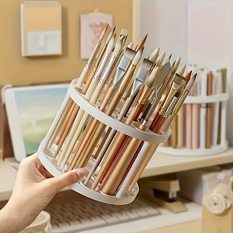 360 rotatable art brush organizer white ceramic coated plastic insert holder with multiple compartments for brushes pens makeup tools space saving desktop storage for artists crafters craft tool organizer   durable construction paint brush organizers Product details 0