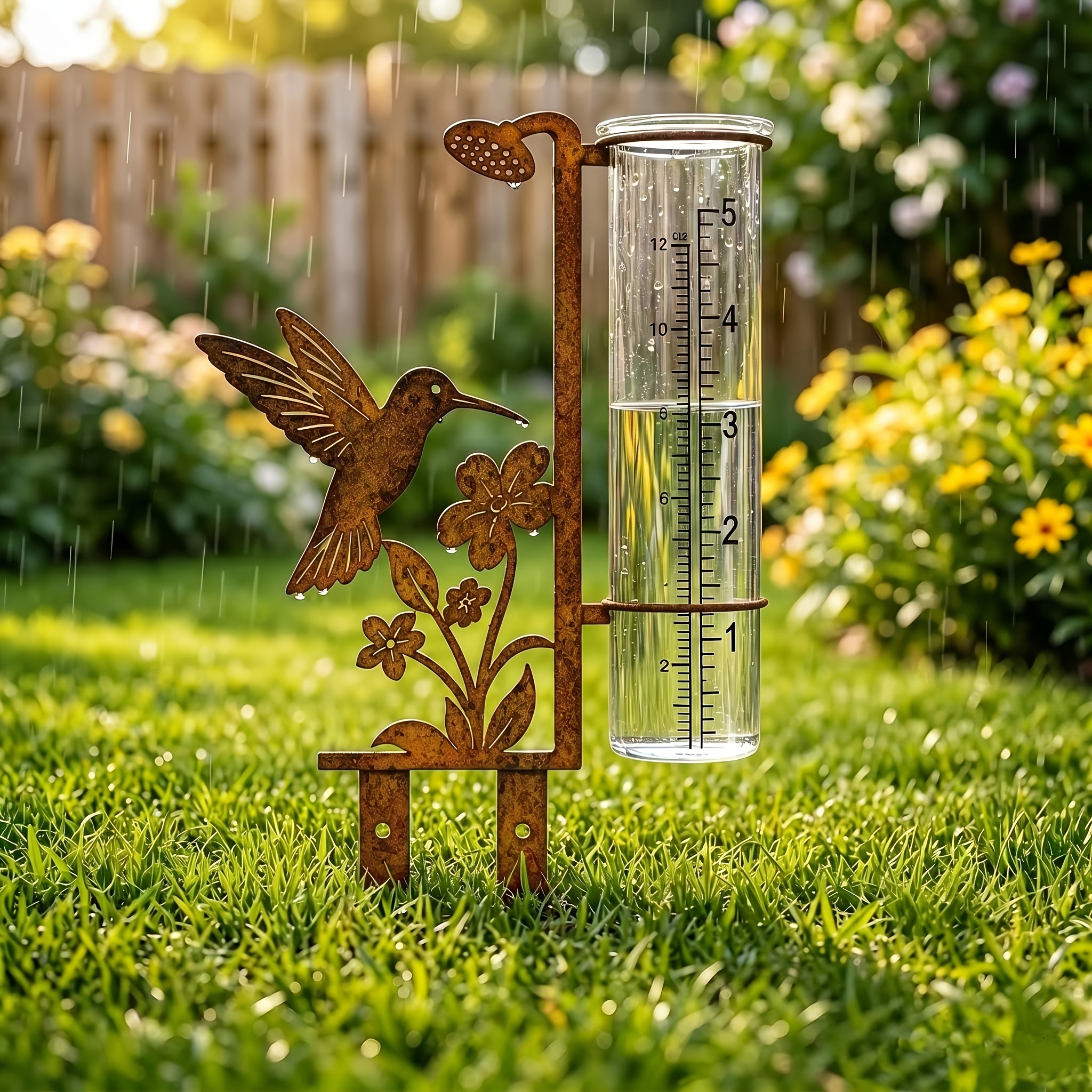 Image of Rusty Hummingbird Pattern Outdoor Rain Gauge, Large Capacity Metal Frame Rain Gauge, Suitable For Gardens, Yards, Flower Pots, And Lawns, Aesthetic Stable And
