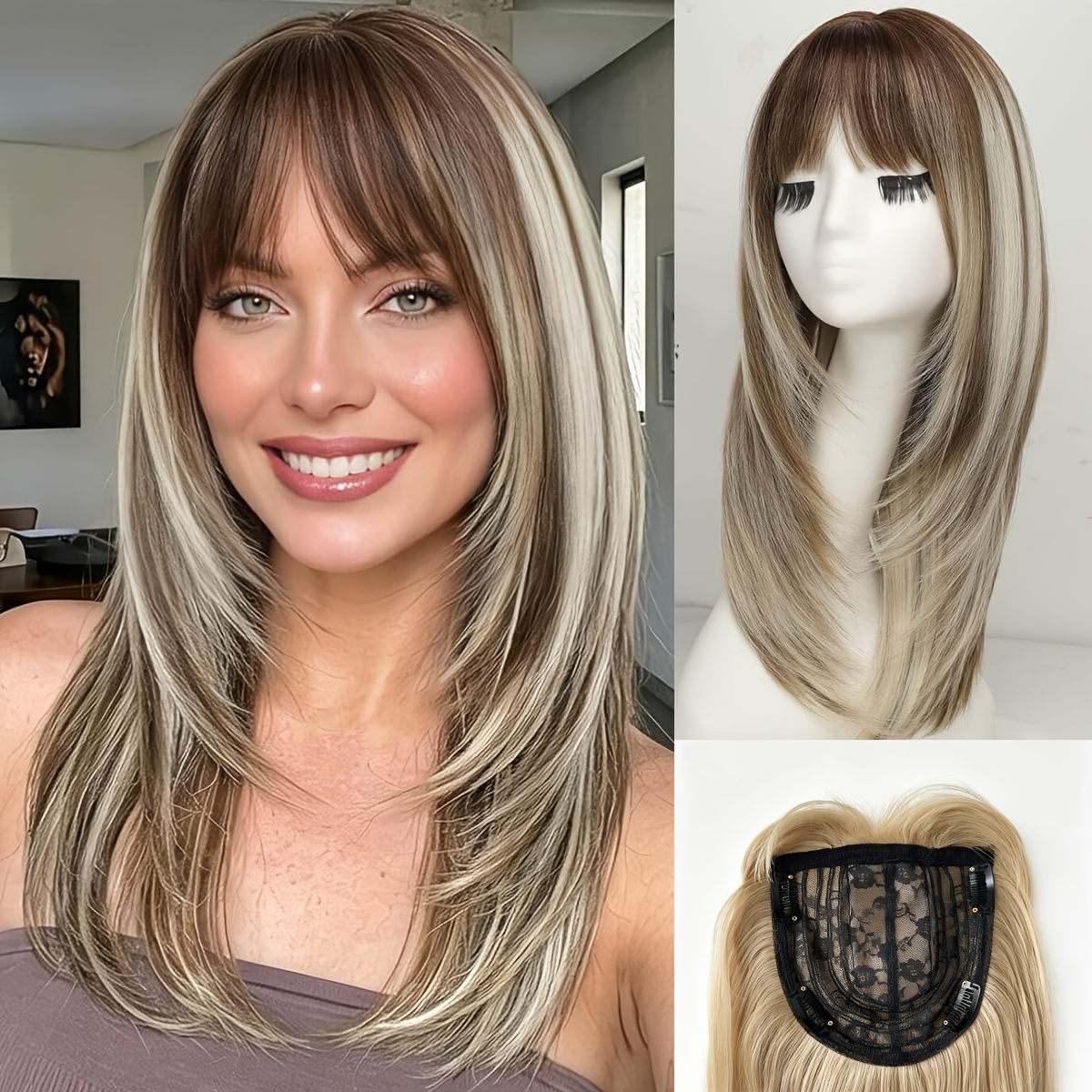 TEMU Postiche à Tissé à pour Femme, Convient aux Cheveux Clairsemés - Perruque Légère de 22 Pouces avec au , Cheveux Simulés Hybrides Micro-bouclés,