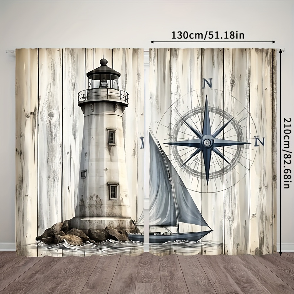 TEMU 2pcs, Lighthouse Decorative Drapery Curtains, 100% Polyester, For Bedroom, Dining Room, Living Room, Kitchen, Study And Playroom, Cheap, And