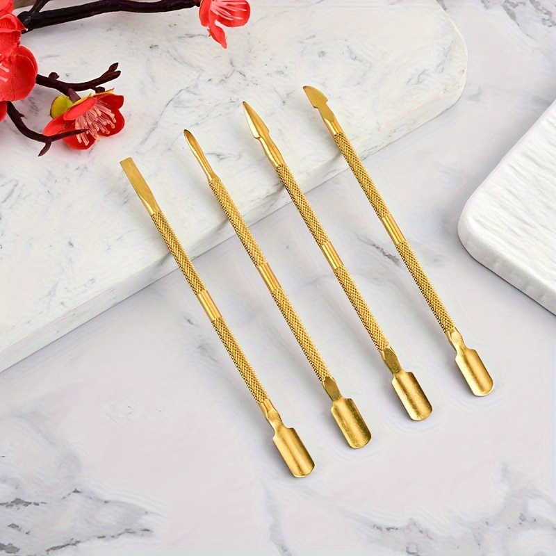 

4pcs Luxury Golden Set + Stainless Steel Cuticle Pushers Specifically For Nail Salons, Professional Tools For Removing Dead Skin And Nail Polish.