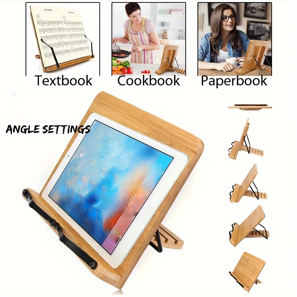 

Bamboo & Wood Book Stand - Adjustable, Foldable Reading Holder For Cookbooks, Tablets, And With Clamp Design