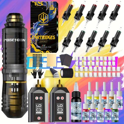 poseidon tattoo v5 142 tattoo pen kit poseidon battery tattoo pen with extra battery 1500mah tattoo gun kit with tattoo power supply and 10pcs tattoo cartridge needles complete tattoo kit 11 inks tattoo supplies for beginners