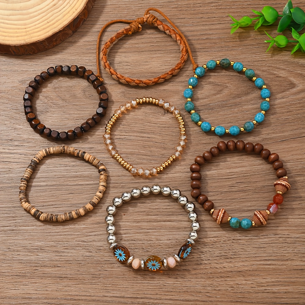 7pcs Set Women's Beaded Stretch Cord Bracelets, Bohemian Style Women's Stackable Bangles