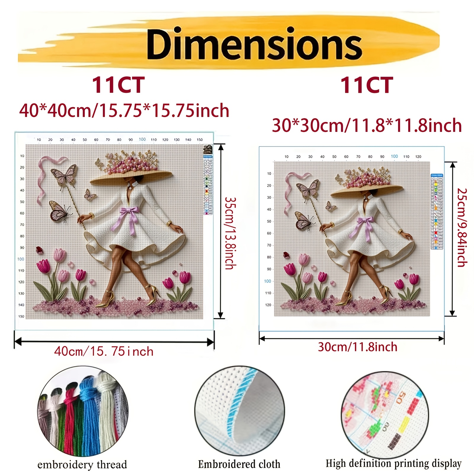 Cross Stitch Printed Kit, Frameless, "White Dress with Pink Flowers" Pattern
