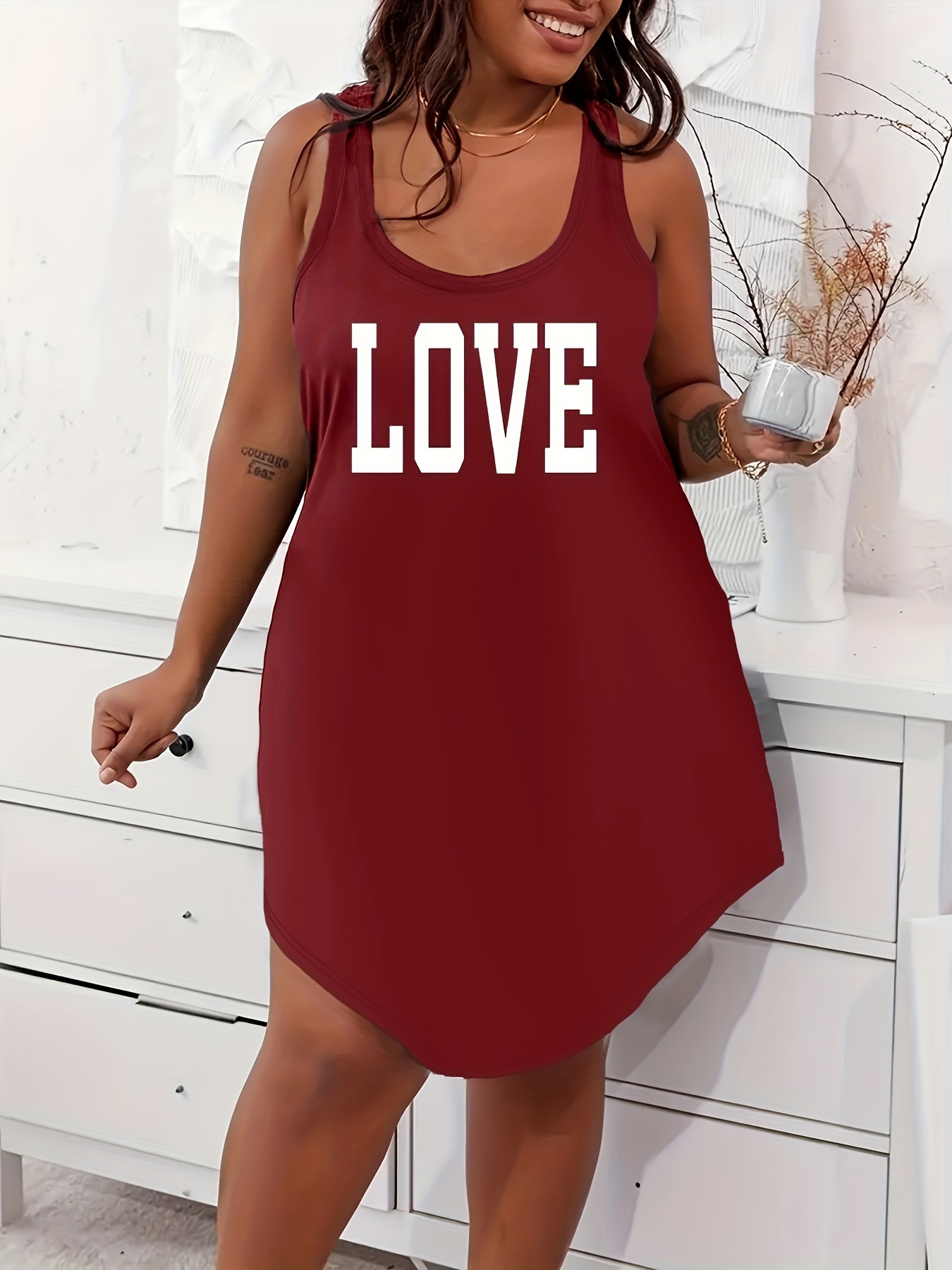 Women's Plus Casual Lounge Dress, Plus Size Letter Graphic Scoop Neck Racer Back Tank Home Wear Dress