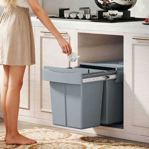 10 6 gal 40 liter pull out trash can with 2 compartment kitchen garbage bin powder coated plastic heavy duty rectangular bin for office cabinets space saving slide out design modern powder coated compatible with