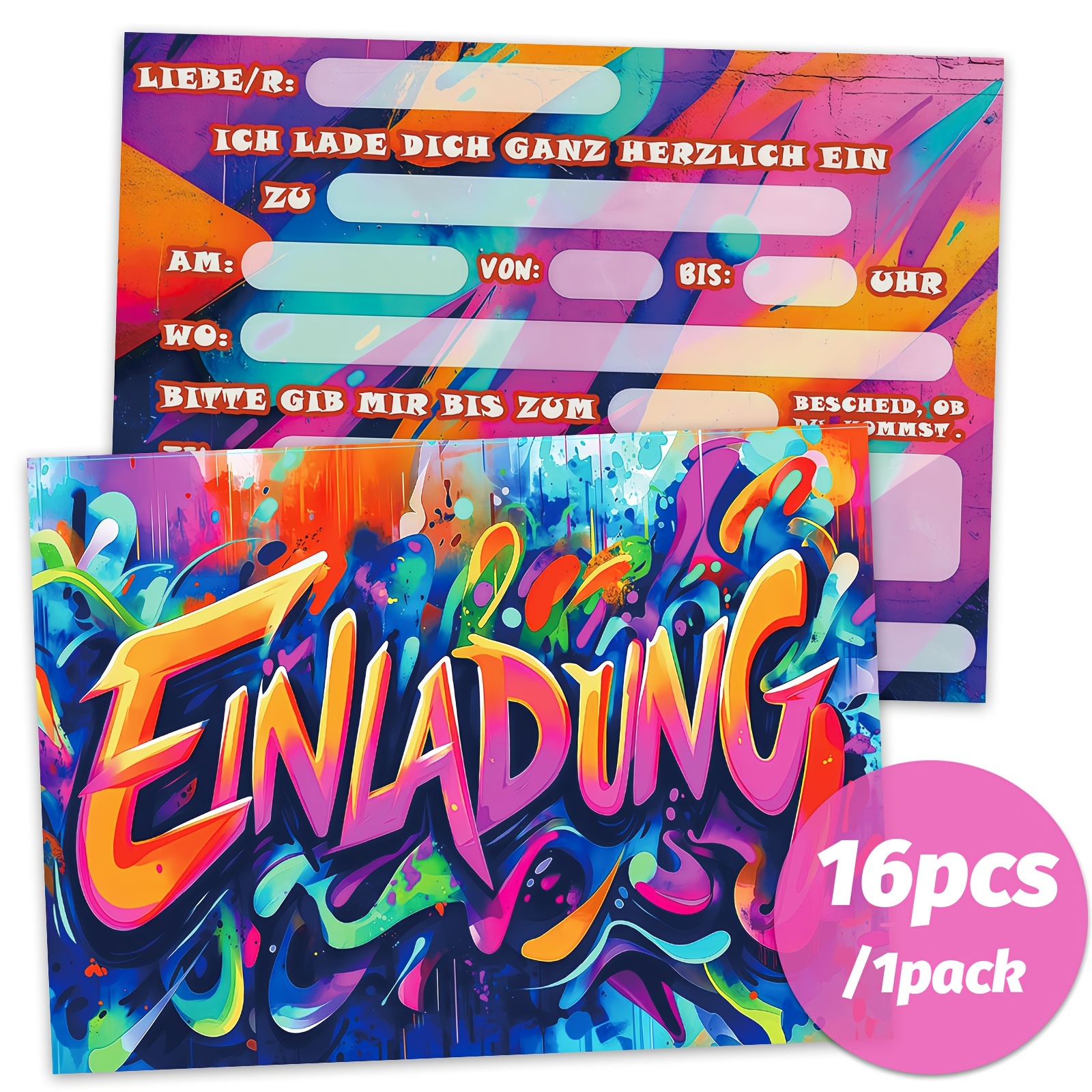 TEMU 16pcs Vibrant Graffiti Party Invitations - Colorful Cartoon Design With "einladung" Text, Personalized German Birthday & Event Invitations For