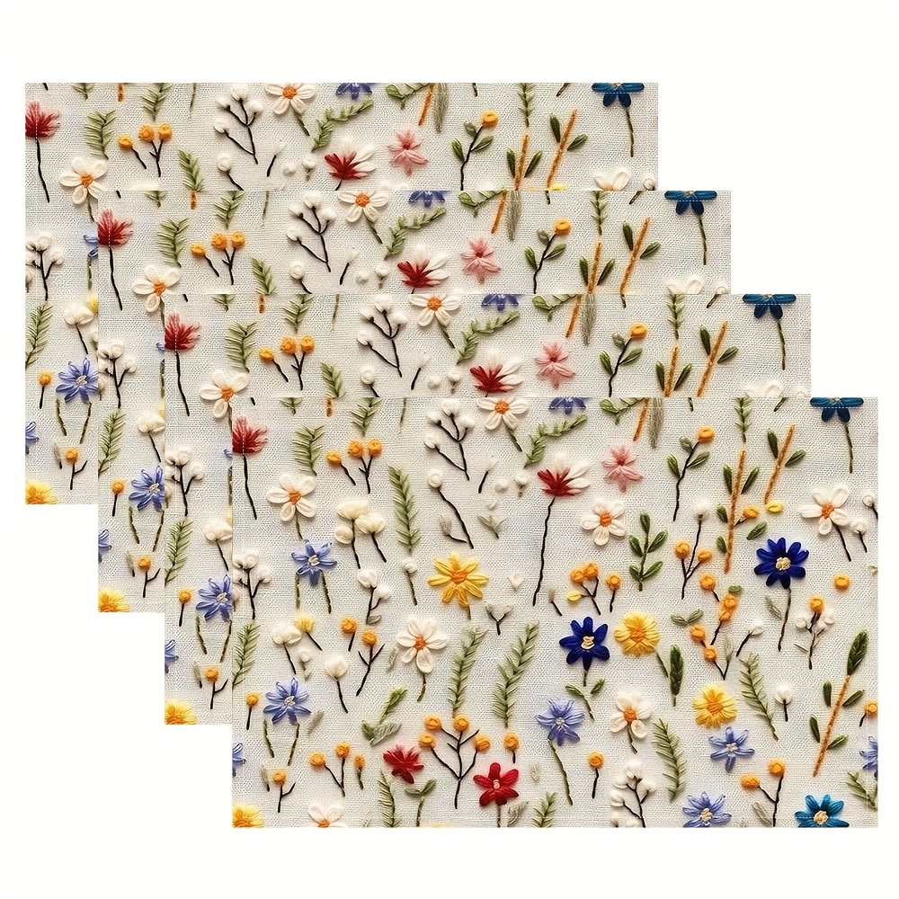 

4-pack Embroidered Wildflowers Linen Placemats, 12x18 Inch Rectangular Table Mats, Machine Washable Woven Linen For Dining & Home Decor, Kitchen &