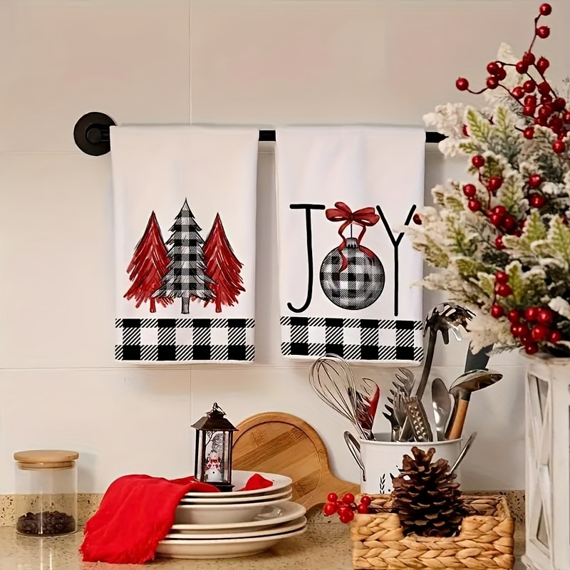 

2pcs, Christmas Hand Towels, Black And White Plaid Christmas Tree Kitchen Towel Dish , Christmas Kitchen Decoration, Super Absorbent Dry Cloth Towels, Bathroom Housewarming Gifts