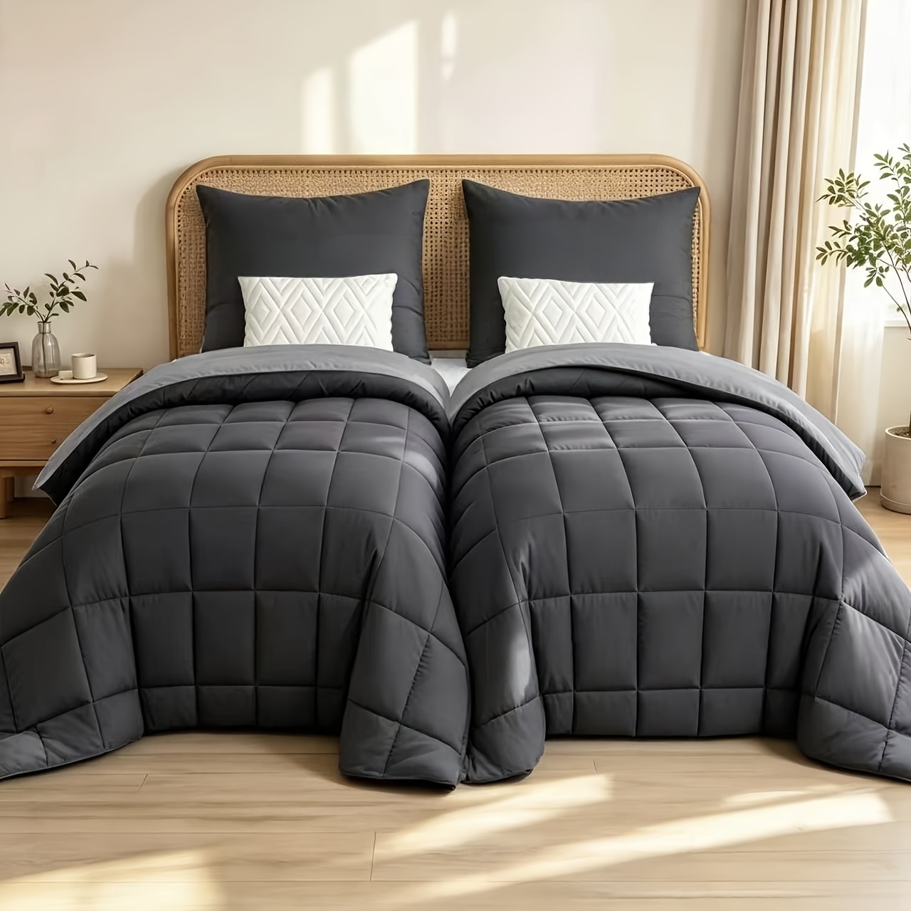 Image of Duvet Set 4pcs With 2x Duvets 135x200 Cm And 2x Pillowcases 80x80 Cm, Box-stitched Down Alternative In Grey, With 300 Gsm