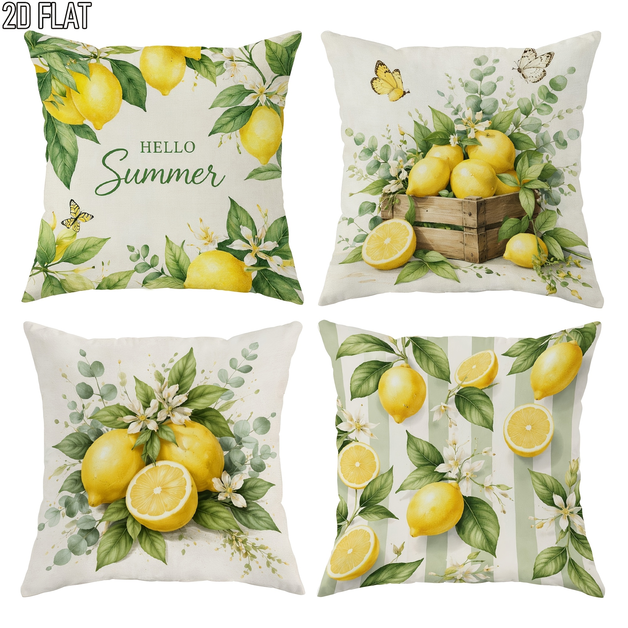 2d Flat 4pcs Summer Lemon Plant Pattern Throw Pillowcase Set, Green And Scheme, Double-sided Printing, Suitable For Living Room, Bedroom, Sofa Bed Decoration. Pillow Insert Not Included, 2d Flat