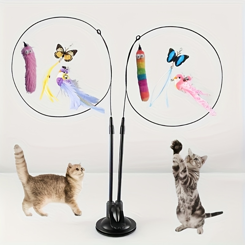 Image of New 7pcs Cat Toy Set - Simulated Bird Teaser With Nylon Feathers, Double Rod Strong Suction Cup And Bell For Interactive Training And Boredom Relief, No Battery Required