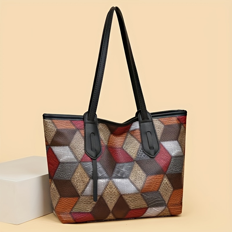 

Vintage Style Women's Handbag, Fashionable Geometric Print, Large Capacity Shoulder Bag, Perfect For Daily Commuting And Travel