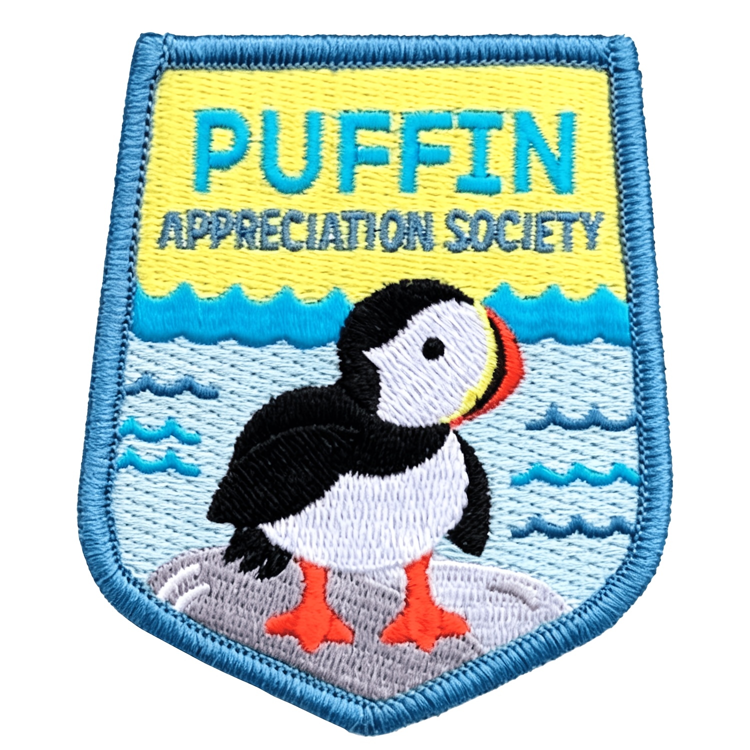 TEMU Écusson brodé thermocollant Société d'Appréciation des Macareux, badge appliqué à coudre avec motif de Macareux et d'ondes océaniques, pour