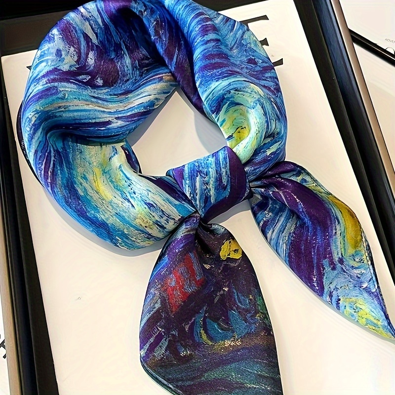 

Écharpe en Soie Inspirée de " Étoilée" de Van Gogh - 100% Soie de , Design avec des Couleurs Bleues, Violettes, Jaunes & Tourbillonnantes, Accessoire Décoratif pour le Cou pour Femmes