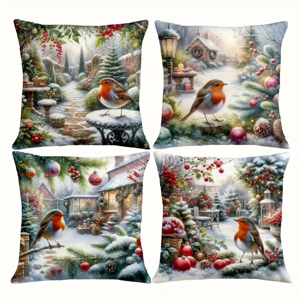 

4-pack Christmas Bird Print Cushion Covers, Contemporary Style, Polyester, Zippered, Machine Washable, Decorative Pillowcases For Home, Bedroom, Sofa, Living Room, Porch Chair Decor