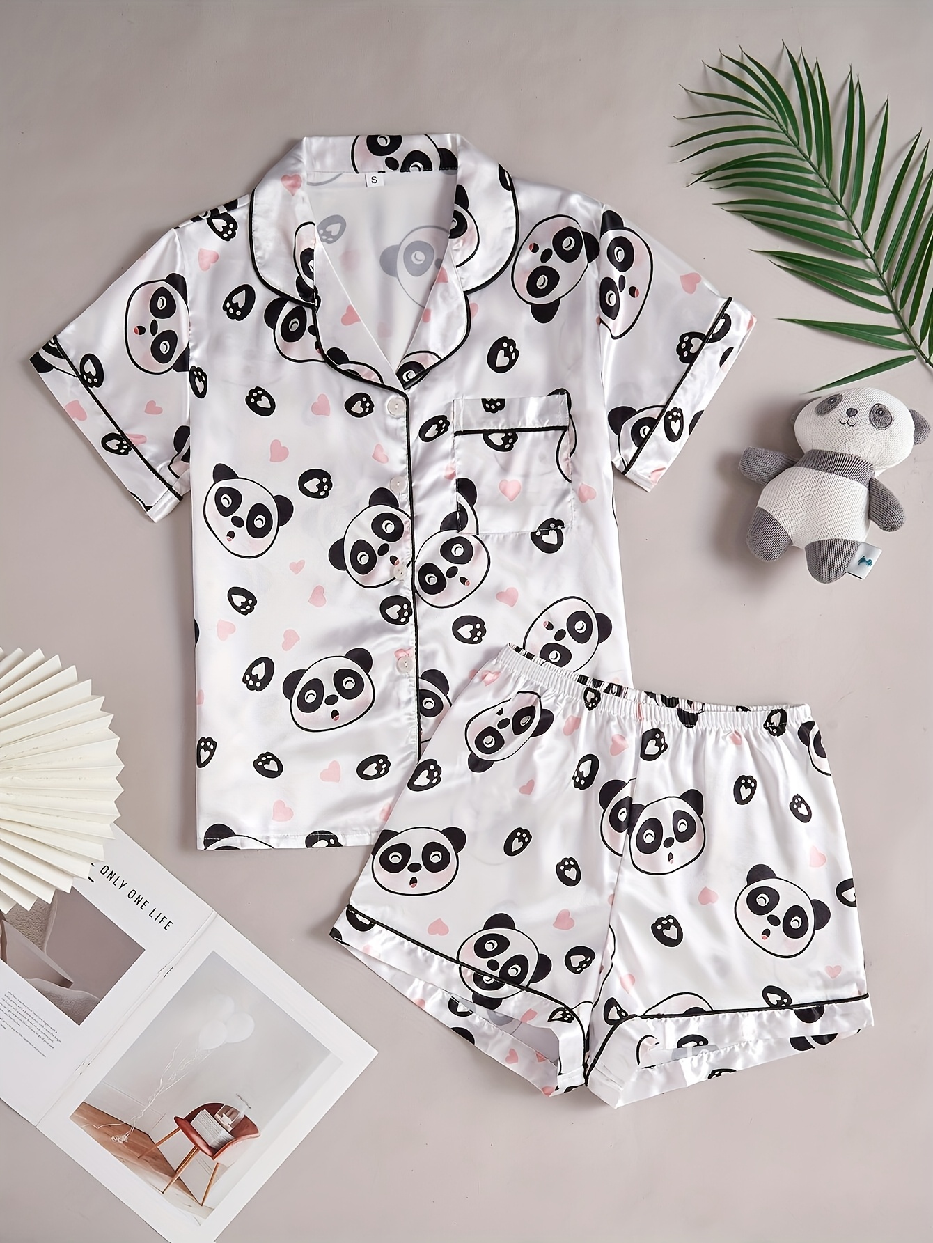 Short Sleeve Panda Short Pyjamas Women's Cute Panda Heart Print