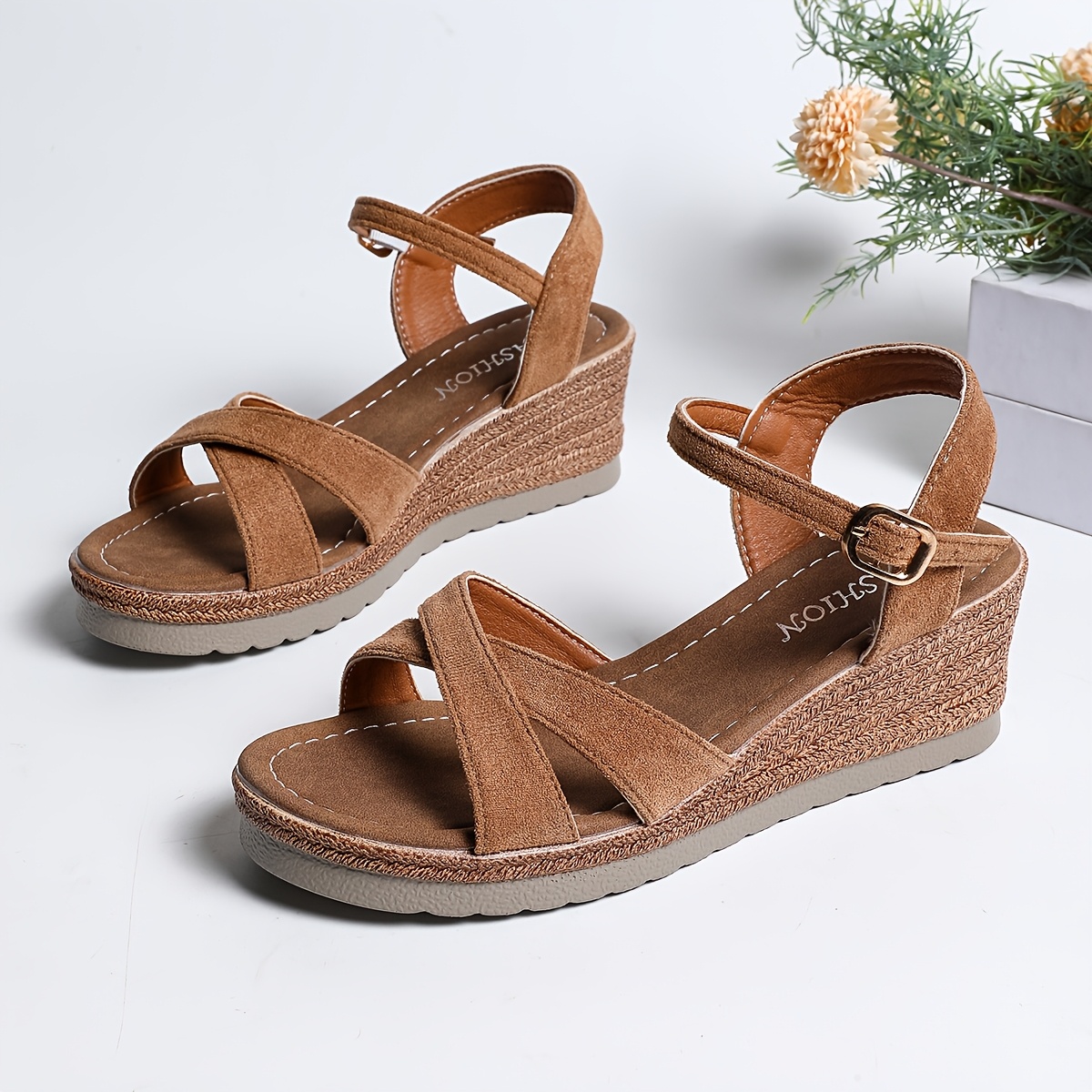 TEMU Sandales pour femme et exquises, vintage, de couleur unie, à texture haut de gamme, à plateforme compensée avec talons hauts féminins, sandales