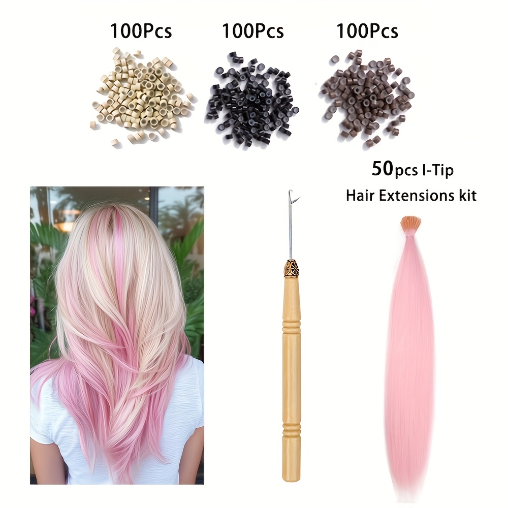 Image of 50pcs Iridescent Synthetic Hair Extension Set, 20 Inches Long Straight Hair, (includes Hair Extension Tools) Suitable For