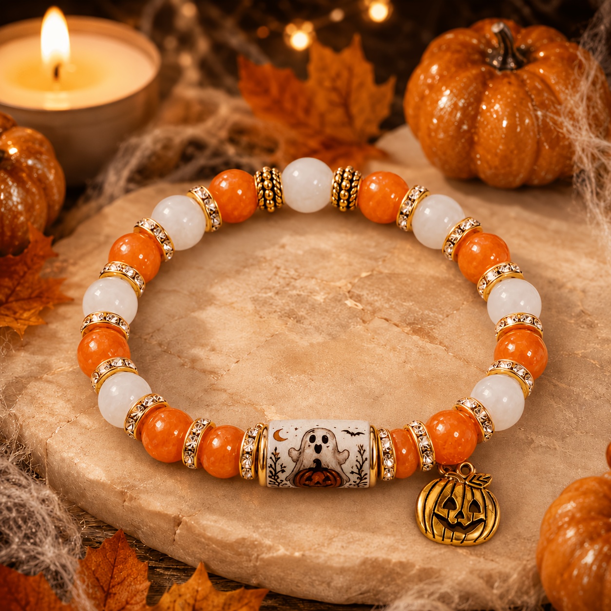 Mirgree Spooky Cute Halloween Bracelet, Pumpkin Design With Gold-tone Charm, Fall Gift For