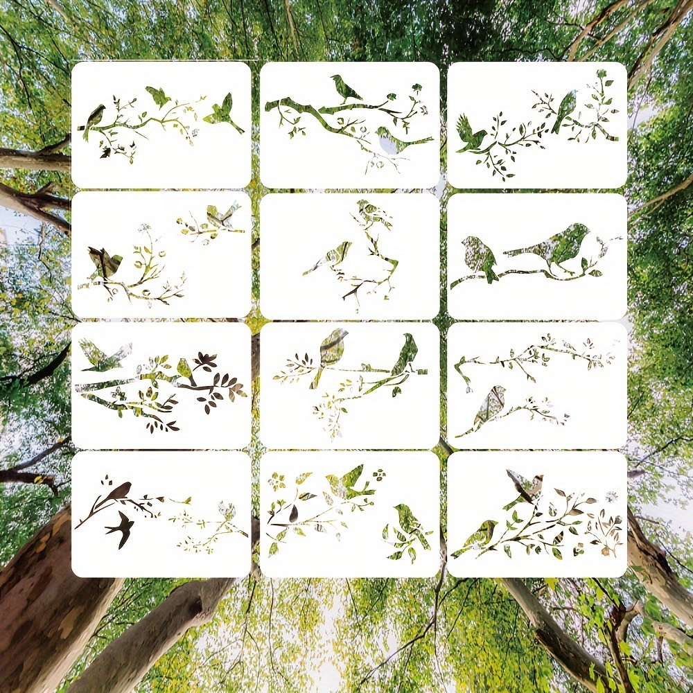 

12pcs Stencils Set, 5x6" Reusable Nature Scene Drawing Templates With 12 Unique Bird Designs For Home Decor And Wall Art