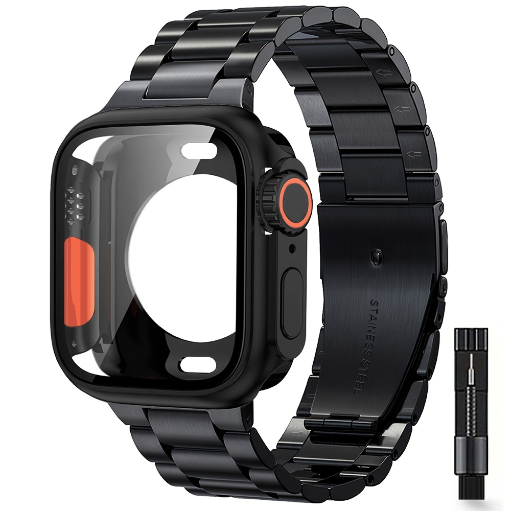 Image of 2in 1 Case +band Suitable For Iwatch Strap 45mm 44mm Conversion Ultra 41mm 40mm Second Conversion 49mm Stainless Steel Strap+ Protective Case Suitable For Iwatch 6 5 4 Metal Chain Watch Strap+watch