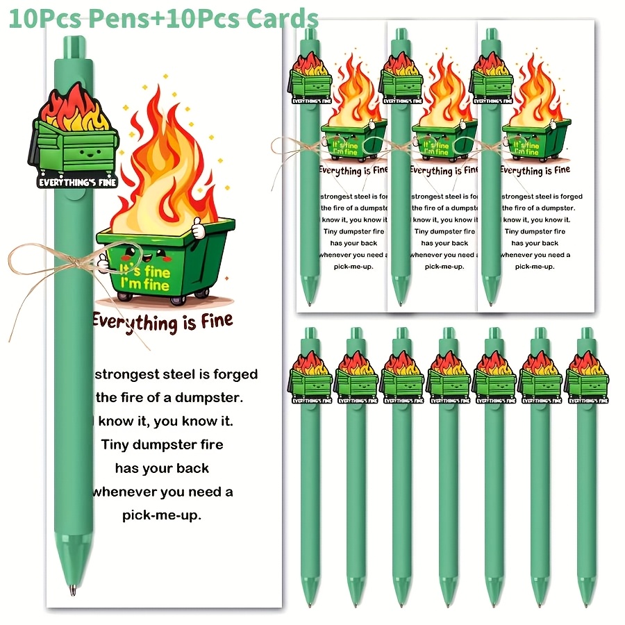 TEMU de 20 pièces "Dumpster Fire" avec stylos et cartes, comprenant 10 stylos amusants et 10 marque-pages. Cadeaux de remerciement pour enseignants,