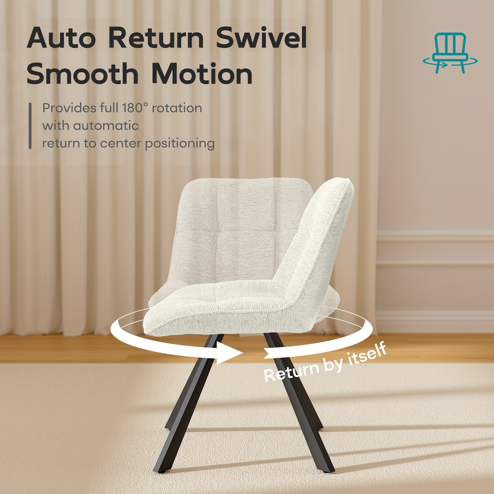 Vintage Swivel Accent Chair with 180-Degree Rotation, Cushioned Seat - Armless Vanity/Side Chair for Dressing Table, Bedside or Home Office - Easy Assembly, White/Blue/Brown (Black Frame, Non-Wood) - Ideal for Small Spaces & Reading Nook)