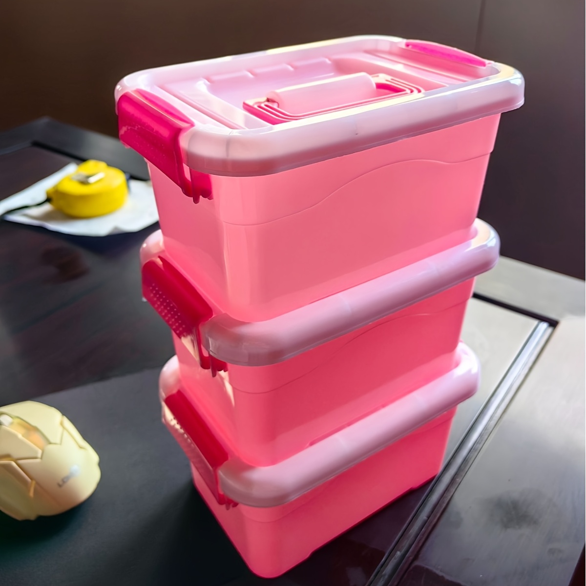 TEMU 3pcs Set Of Plastic Storage Boxes With Built-in Handles, Multipurpose Desktop Organizer Container, Portable Storage Bin For, Sundries And Daily