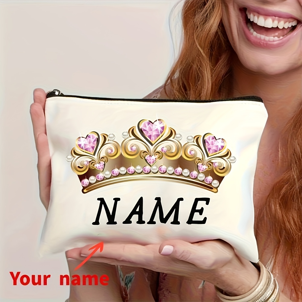 TEMU [customizable] Diy Custom Name I Have A 1pc Pearl And Pink Gemstone Embellished Princess Crown Printed Large Capacity Zippered Makeup Bag -