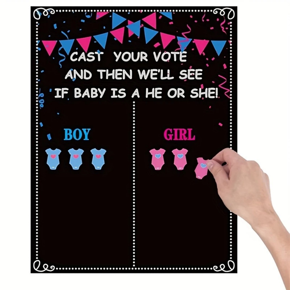 TEMU Set de Decoración para de Revelación de Género con Votación de 54 Piezas, 54 Stickers (27 Hombres y 27 Mujeres), 1 Escritorio de Votación con
