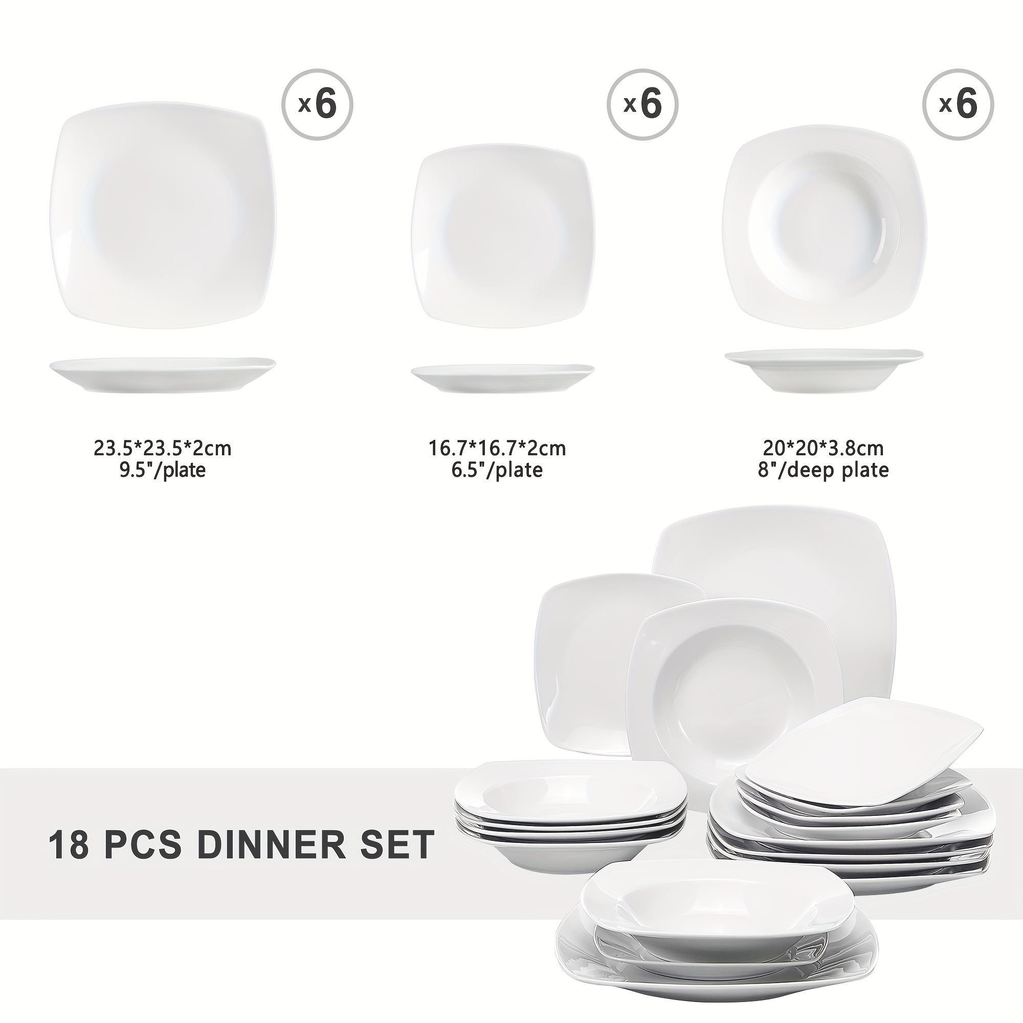 TEMU 18pcs White Ceramic Plate Sets Dinner Set Dinnerware With 6pcs Dinner Plate/ Dessert Plate/ Soup Plate For 6 People