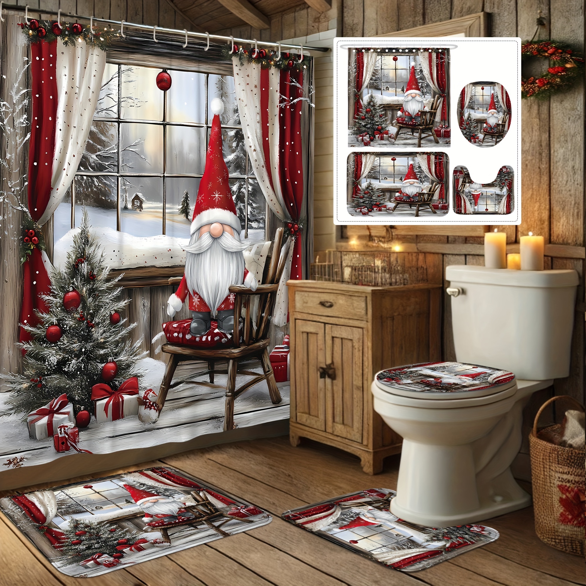 

1/4pcs Christmas Decorations Curtain Set Red Curtain For Bathroom With12hooks Bath Mat Lid Mat
