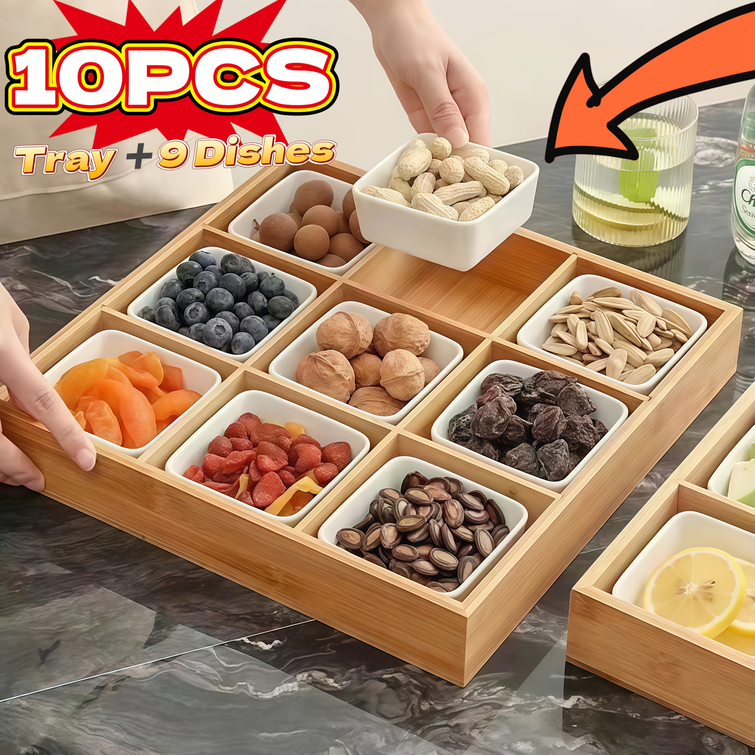 [&*;2 Gren Verfgbar&*;] 9 Fcher + 9 Teller, Bambus Aufbewahrungsbox mit  9 Teller Set * fr Snacks, Obst, Nsse und Sigkeiten - Ideal fr Kche,  Caf, Schreibtisch Aufbewahrung, Home Organisation ...