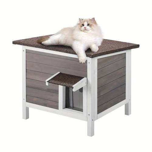 para Gatos de Madera Exterior con Techo y Puertas de PVC, Diseño de Un Solo Nivel de 88.9cm, Madera de y Cojín de Espuma para Mascotas Pequeñas, Resistente al para Uso Interior/Exterior