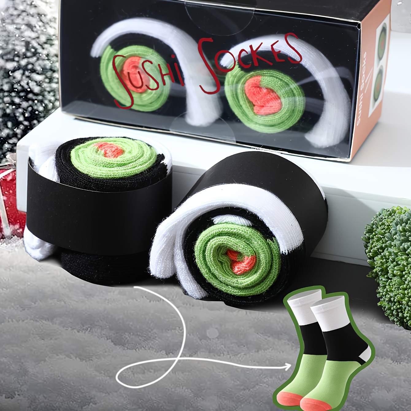 

[1 Pair Novelty Sushi Pattern Socks] 1 Pair Novelty Sushi Pattern Crew Socks, Unisex, Polyester Knit Fabric With Elastane, Comfortable Breathable, With Gift Box, For Halloween, Christmas, , And Travel