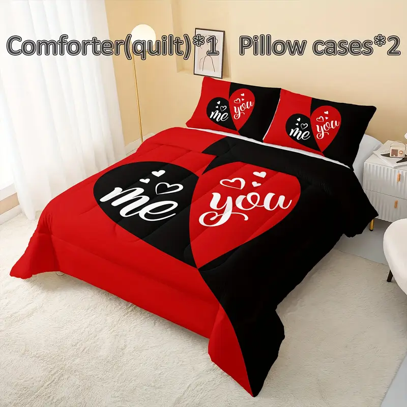 3pcs mr mrs bedding set queen comforter for adults couple men women black and red bedding set his and hers comforter bedding valentines day wedding gifts 1 quilt 2 pillowcases Product details 0