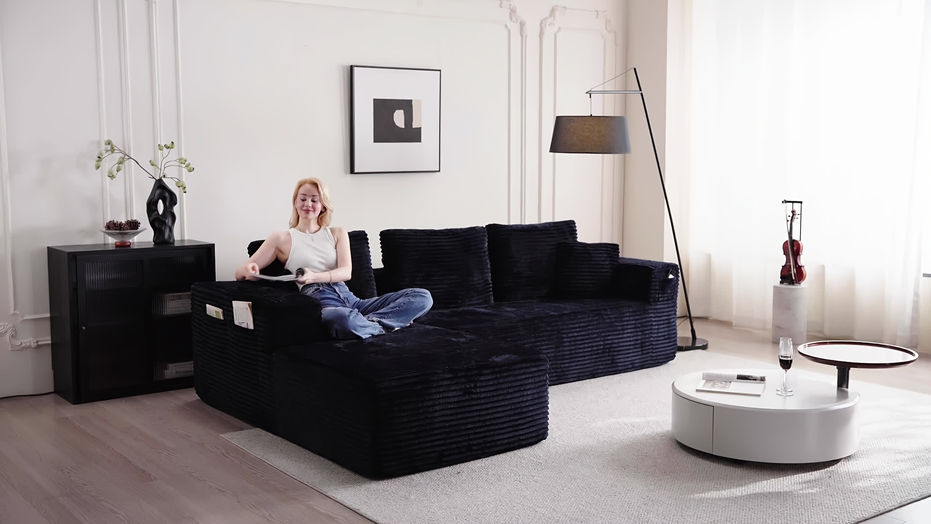 Extra Large L-Shaped Sofa with Right-Side Chaise | Minimalist Compressed Frame, No Assembly Required, Modular Cloud Combination, Suitable for Living Room & Bedroom, Plush Corduroy Fabric