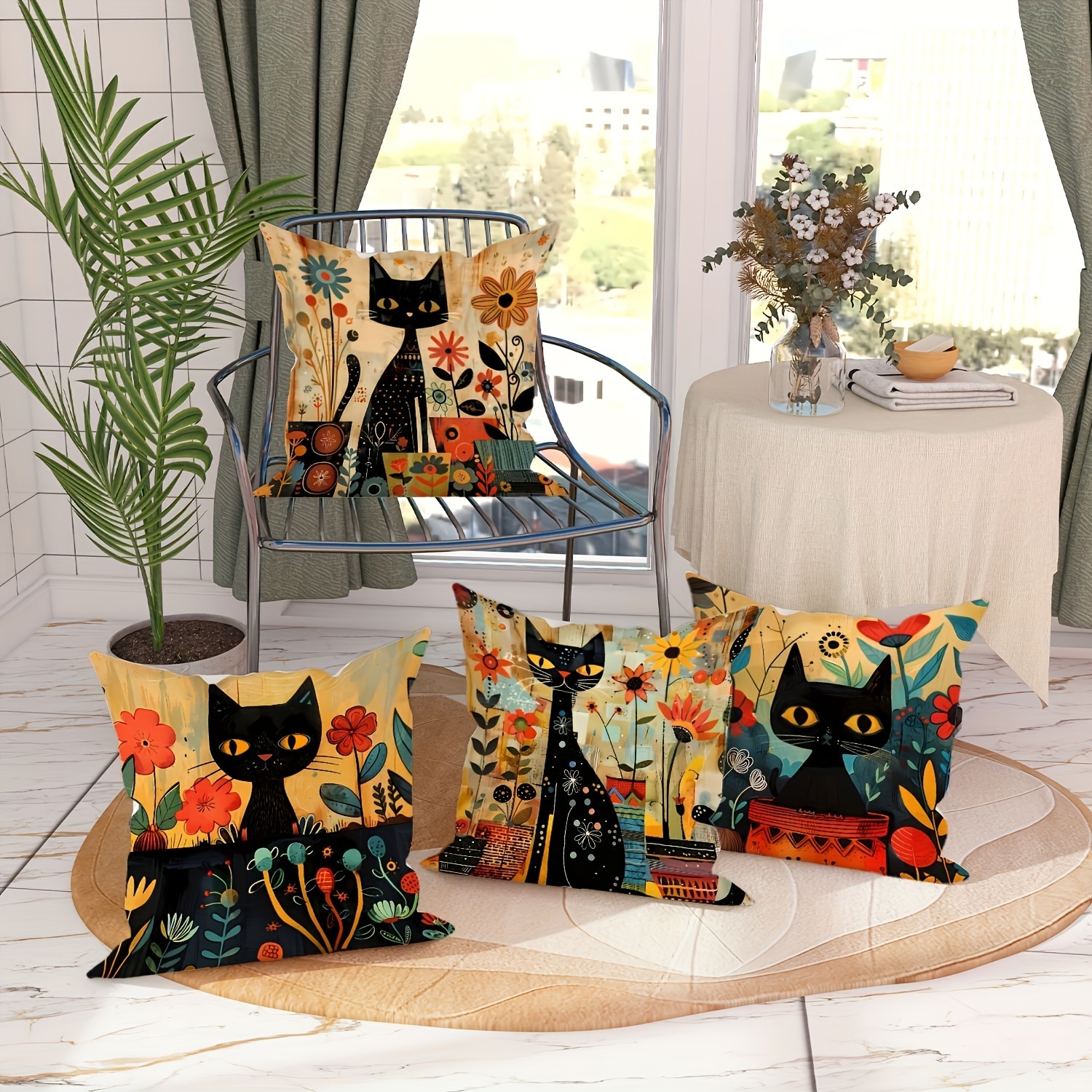 

Set Of 4 Vintage Black Cat & Floral Velvet Throw Pillow Covers - Mid-century , 18x18 Inches, Zip Closure - Living Room & Bedroom Decor