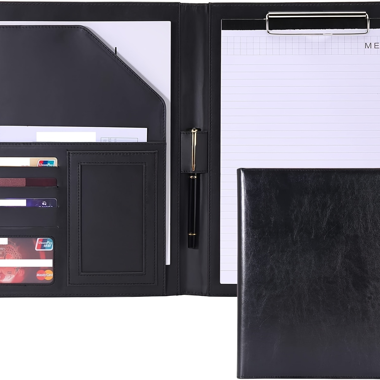 

Pu Leather Portfolio Clipboard Folder With Resume Interview Organizer, Business Card Holder Slot, Letter/a4 Size Paper Clip, Document/tablet Sleeve, Pen Loop, And Cellphone Pocket