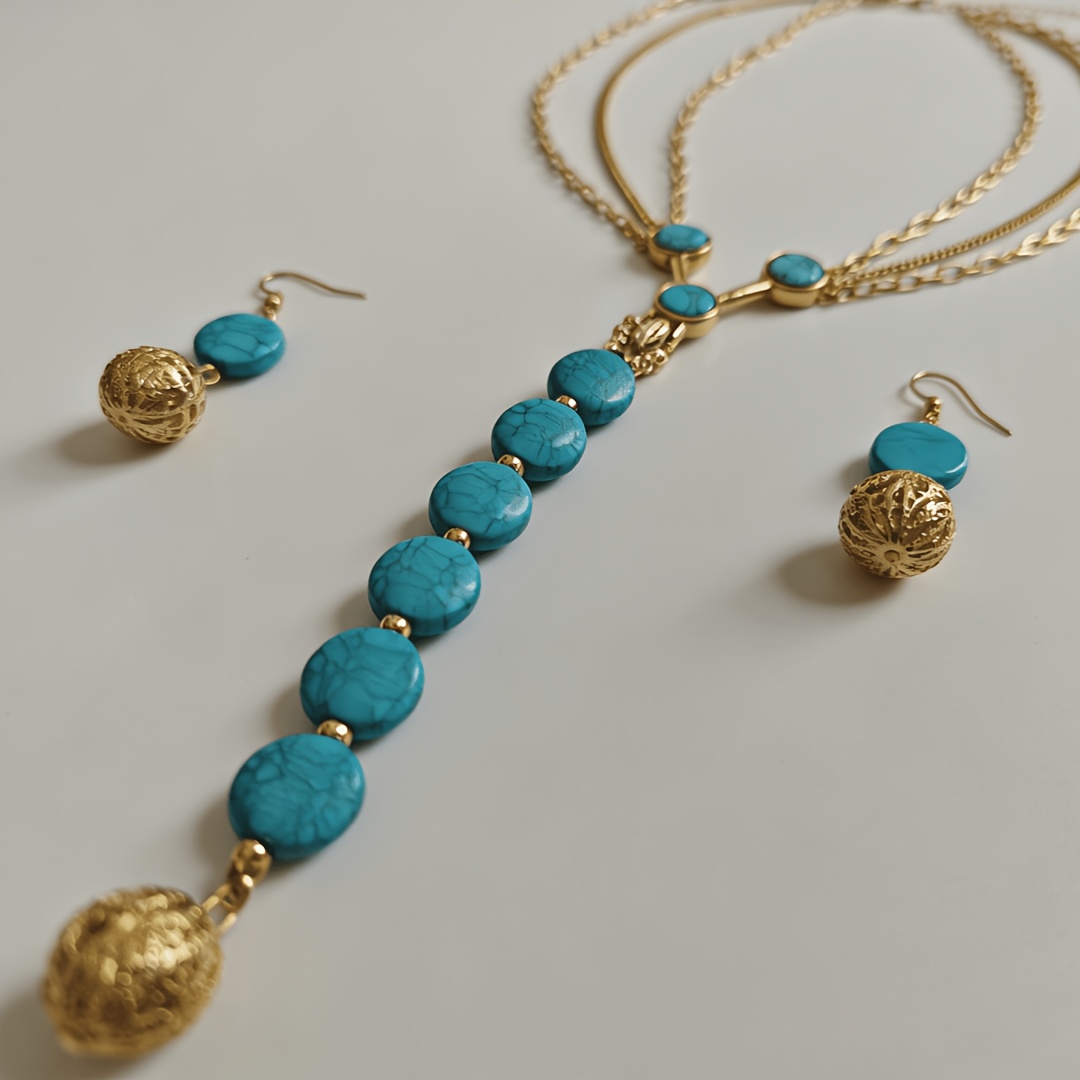 TEMU 1 Ensemble Collier Niche Design Perles Turquoise Boule Dorée Bijoux d'Oreilles Combinaison Vêtements de Fête pour Femmes