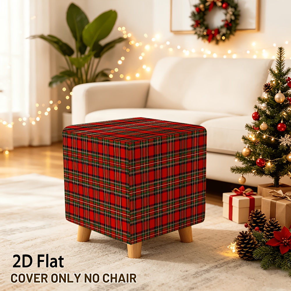 TEMU 1pc Scottish Tartan Footstool Cover With Elastic - Stretchable Fit Furniture Protector Suitable For Shoe Benches, Non-slip Washable Chair Cover,