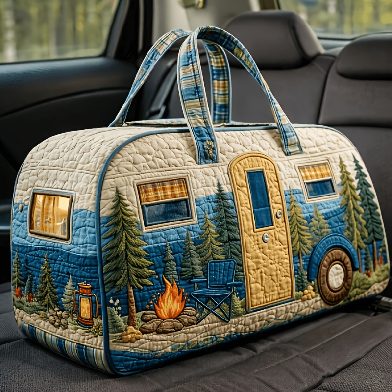 TEMU Vintage Camping Trailer Quilted Weekend Bag, Forest Bonfire And Pine Tree Rv Printed Travel Bag, Camping Scene Design, Large Capacity Storage