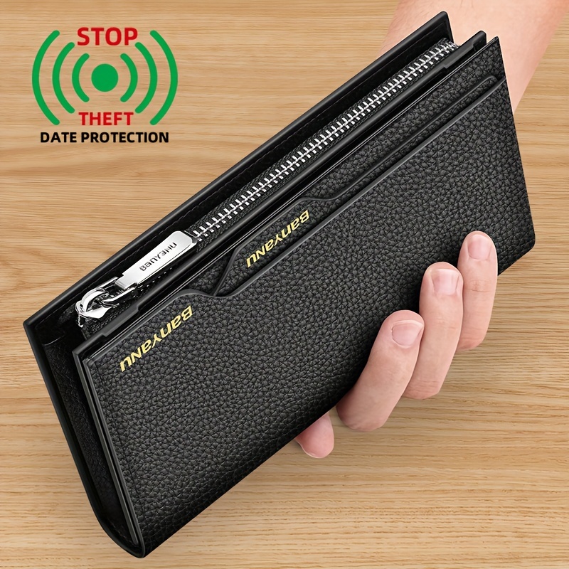 

Ineaudor Men' Genuine Leather Wallet - Rfid Blocking, Large Capacity With Multiple Card Slots, Zippered Compartment & Car Key Holder, Textured Black Clutch For Business & Use