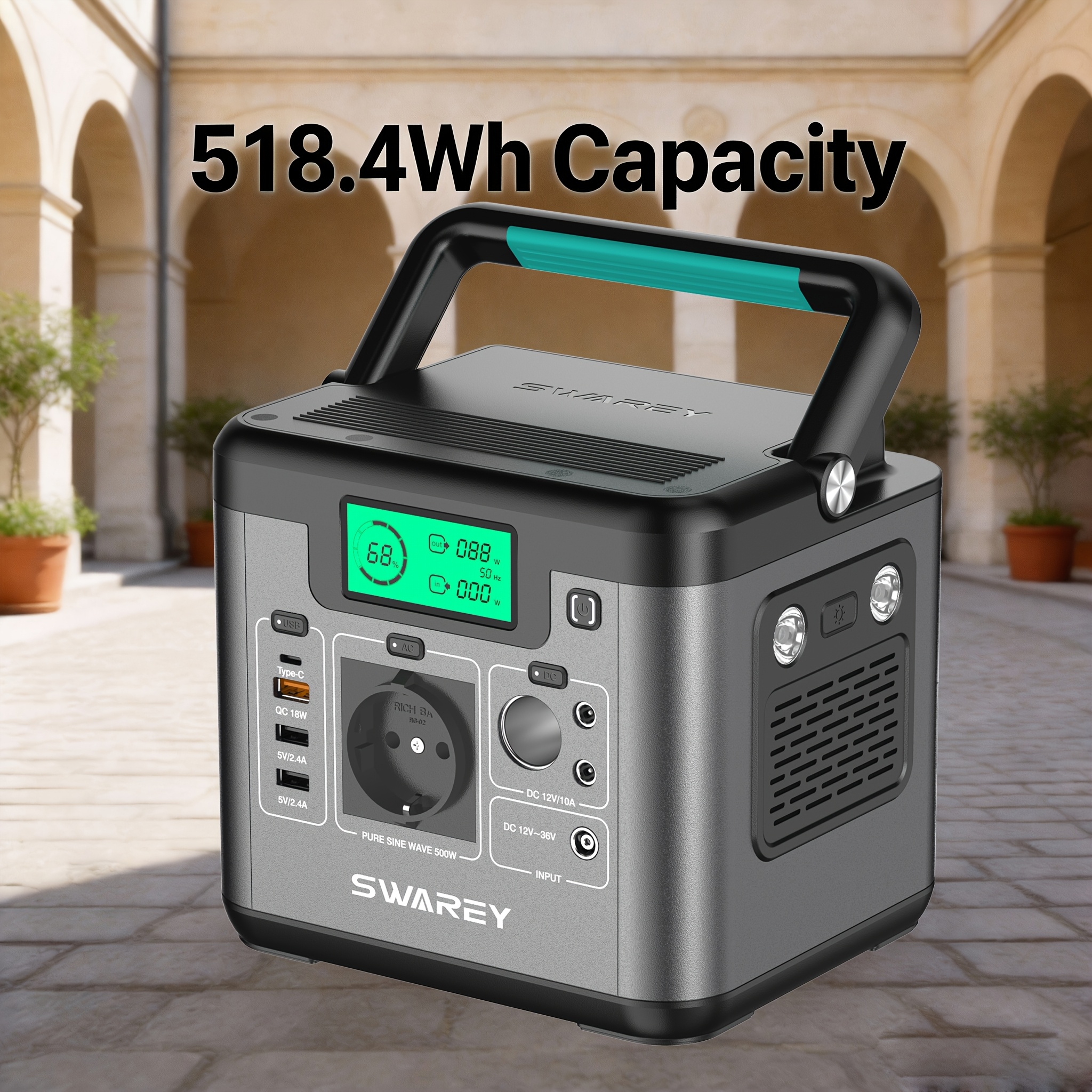 Swarey Portable Power Station, 518.4wh Solar Generator With 500 W Ac/usb-c Output, Solar Power Station For Camping, Motorhome, Off-grid