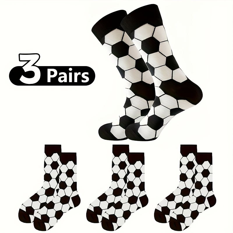 Image of 3 Pairs Soccer Socks - Black And White Checkered Football Pattern Crew Socks For Boys And Girls, Stretchy Polyester Sports Socks For Daily Wear, , Hand Wash/, Sports Footwear, Fall And Winter Clothes