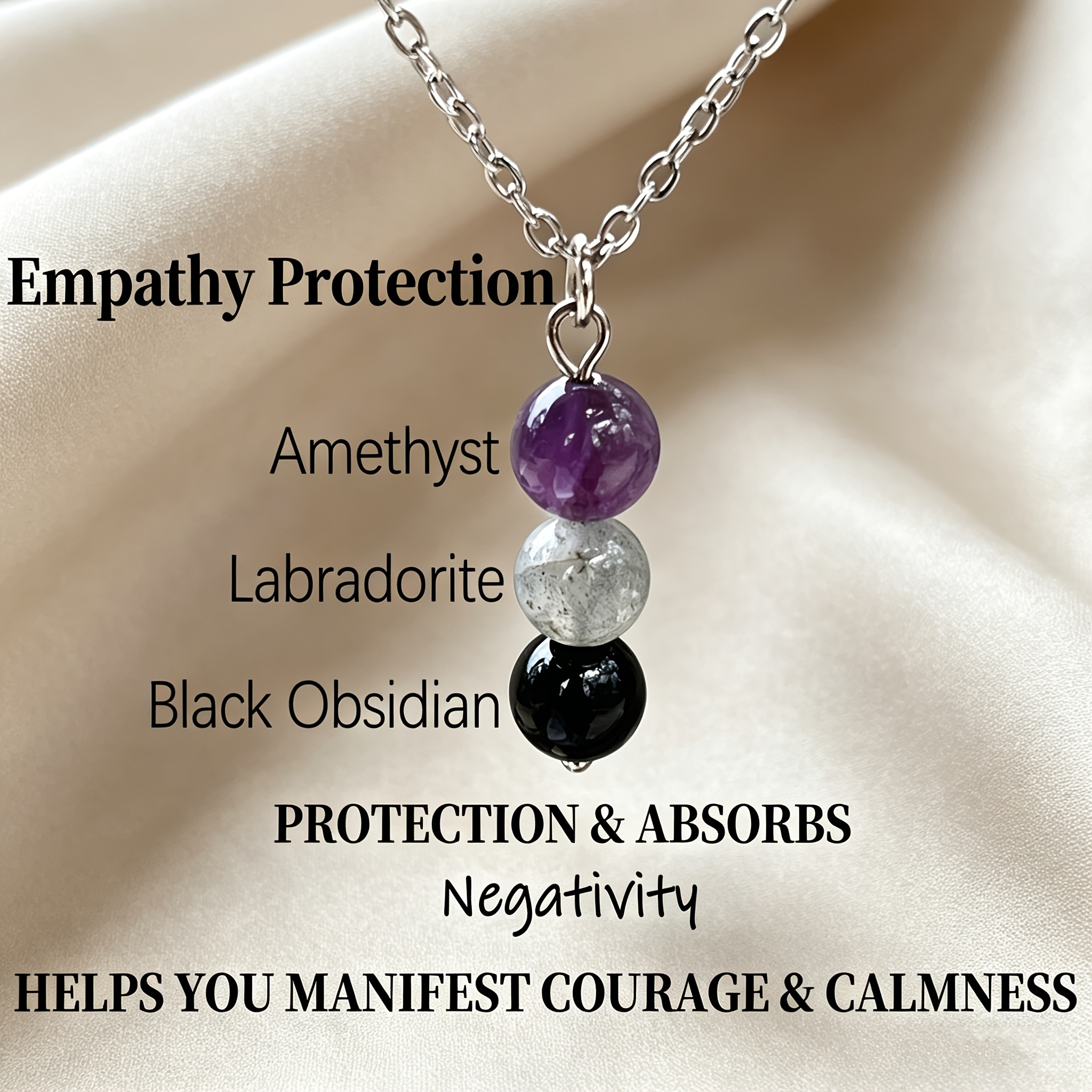 TEMU Empathy Protection Necklace For . Made Of 8mm Natural Amethyst, Labradorite & Obsidian Handmade Beads To Resist Negative Emotions. Design.